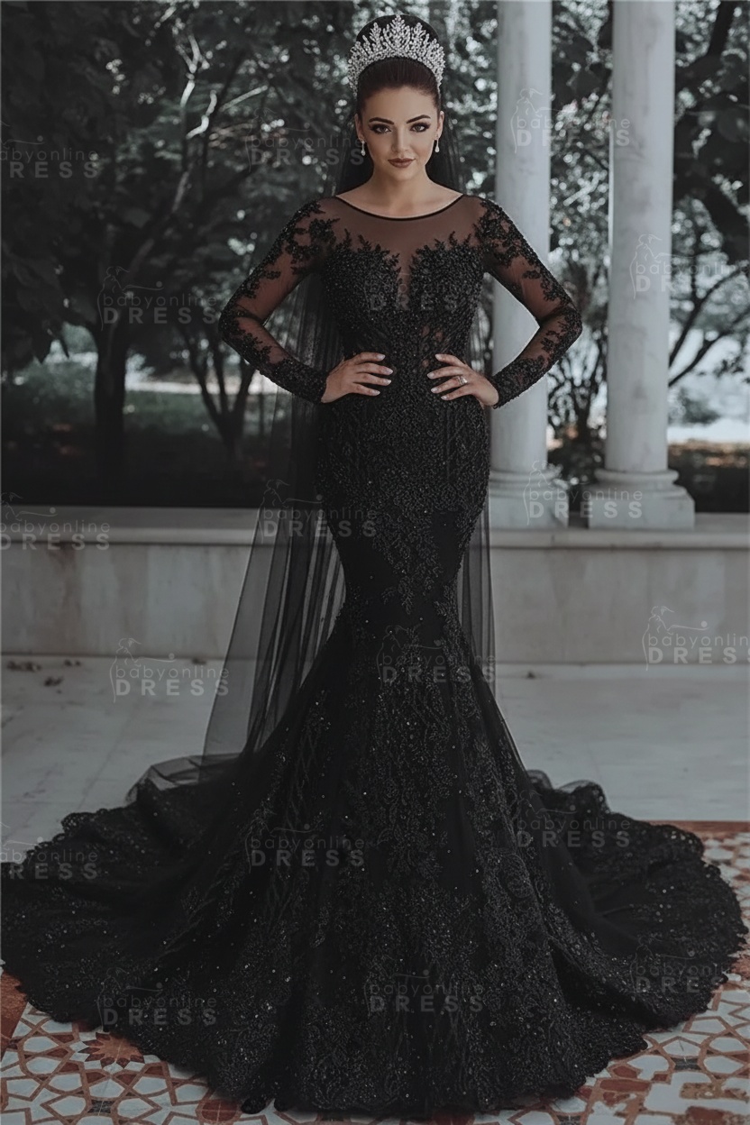 Luxury Beaded Lace Mermaid Wedding Dresses with Sleeves | Sheer Tulle Appliques Bride Dresses