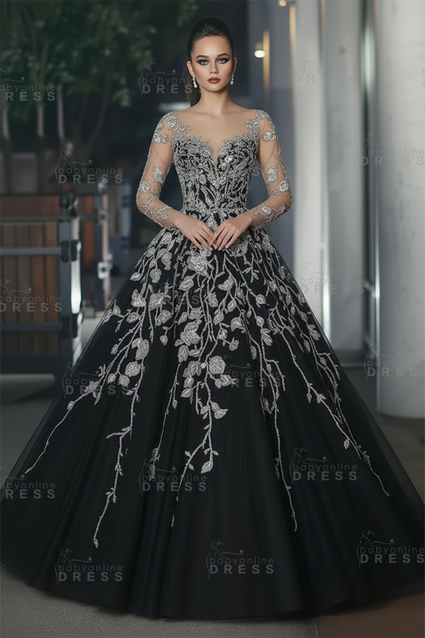 Stunning Illusion Long Sleeve Sexy Evening Gowns | A-line Lace Appliques Tulle Prom Dress
