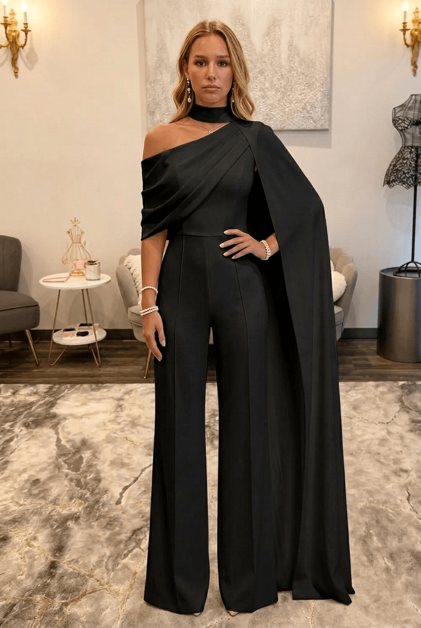 Black Asymmetric Neck One-Shoulder Bridal Formal Jumpsuit with Sash