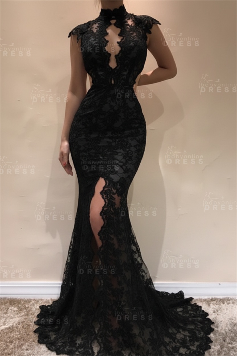 Sleeveless Front Split Evening Dresses | Black High Neck Lace Sexy Prom Dresses