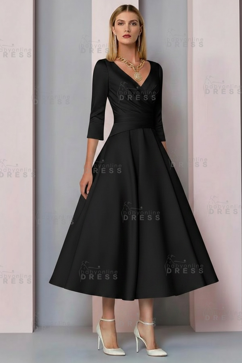 Half Sleeves White Ankle Length Mother of the Bride Dress V-Neck Satin Wedding Guest Dress