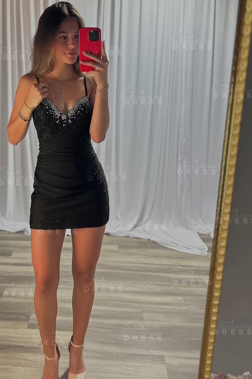 Spaghetti Straps Satin Tight Short Homecoming Dress with Beadings