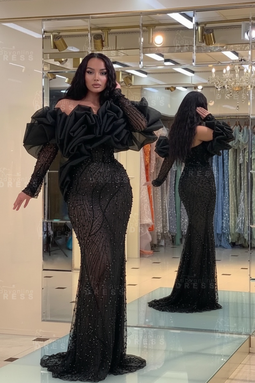 Bubble Sleeves Long Mermaid Prom Dress with Sequins and Beadings