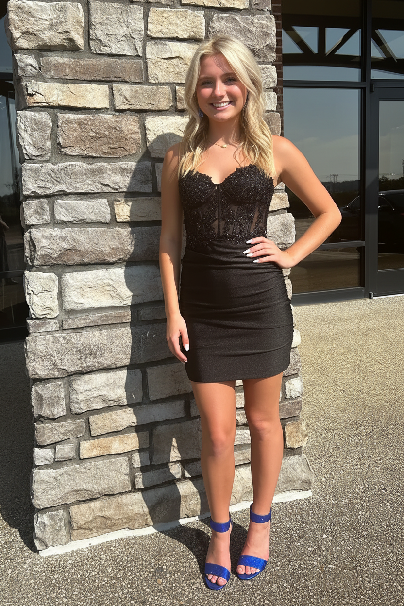Spaghetti Straps Bodycon Corset Short Homecoming Dress with Appliques