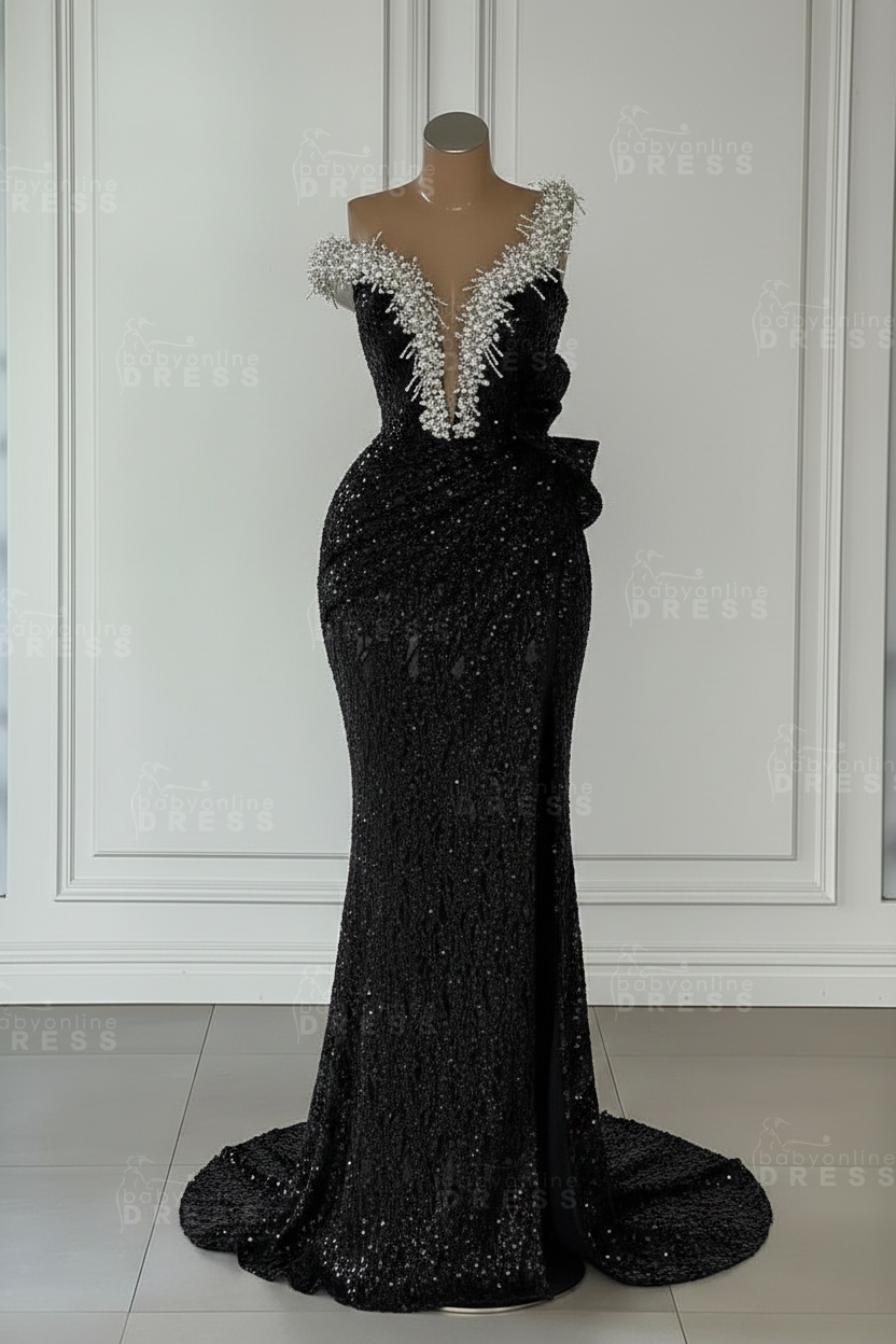 One Shoulder Sequins Sleeveless Long Mermaid Prom Dress