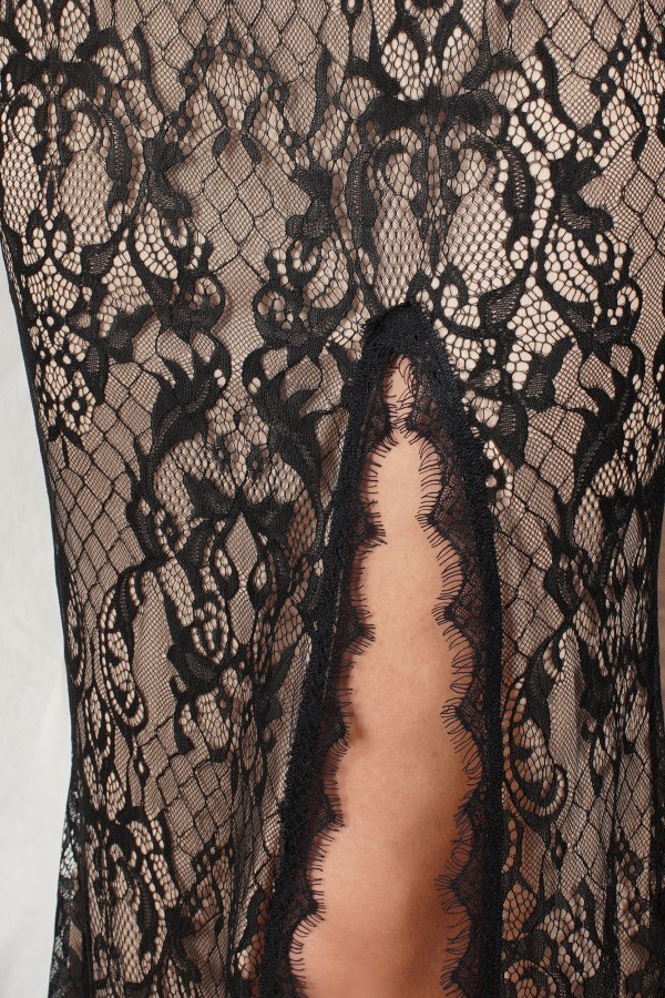Black lace bridesmaid dress with high split
