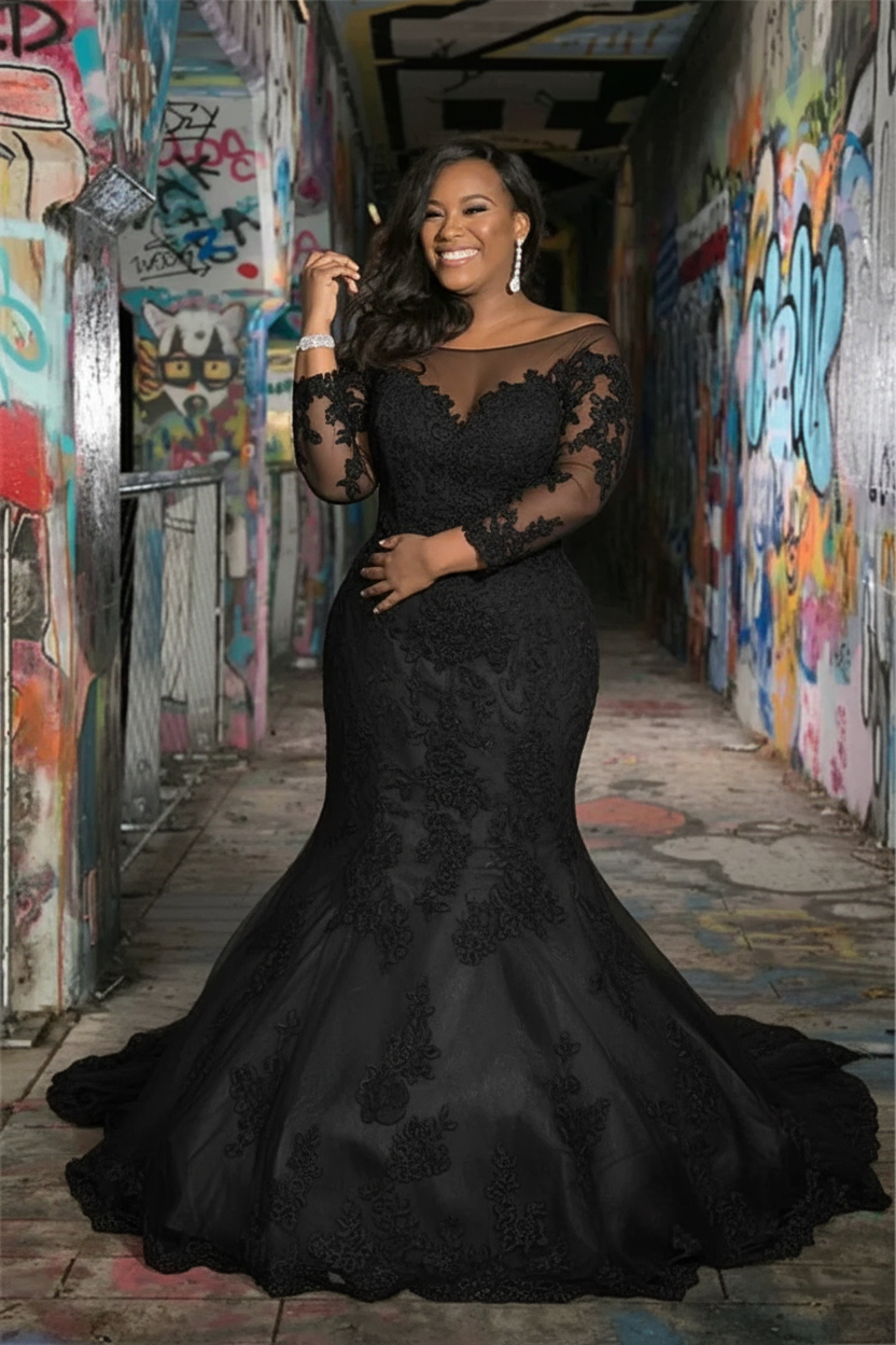 Long sleeves V-neck Plus size Mermaid Bridal gowns for Wedding