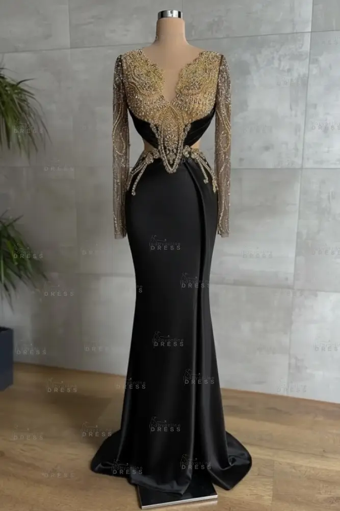Gold Long sleeves Satin Mermaid V-neck Prom Dresses