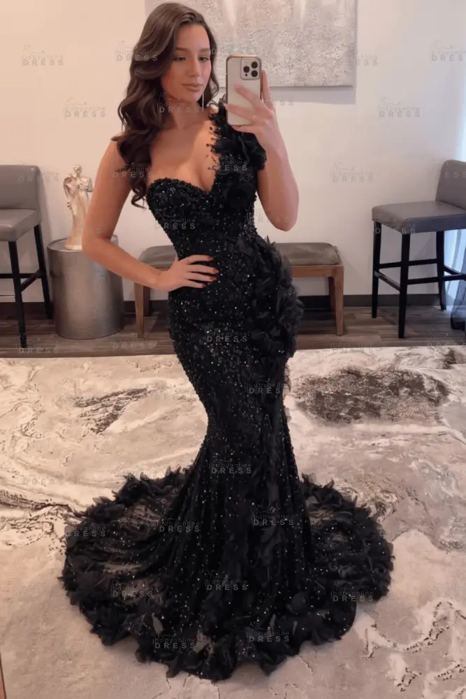 Luxury One Shoulder Sequins Mermaid Prom Dress with Beadings Evening Gown Appliques