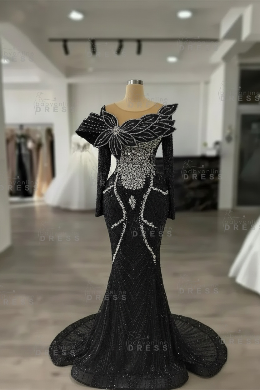 Luxury Crystals Long Sleeves Floor-Length Mermaid Prom Dress with Flowers 