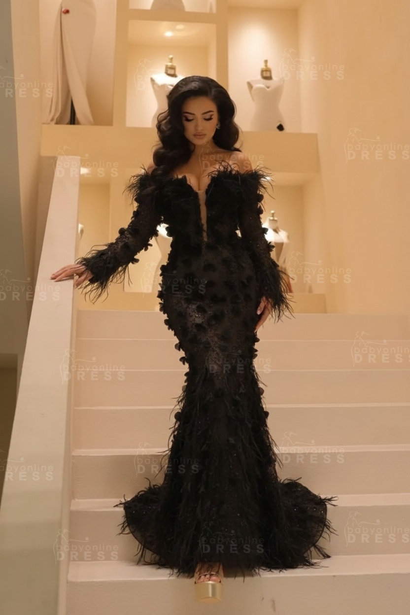 V-neck Long Sleeves Mermaid Evening Dresses Floor Length with Flowers