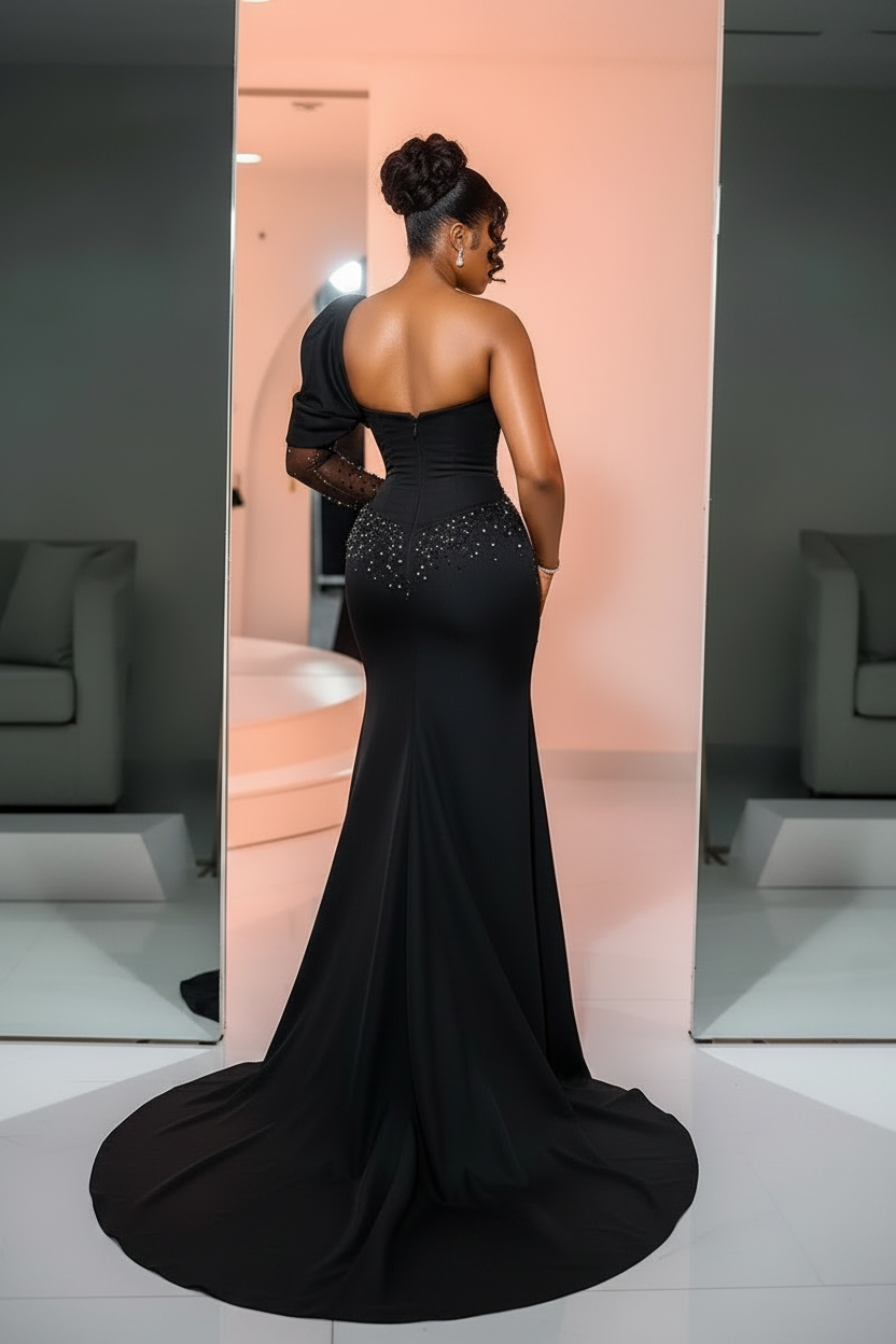 One Shoulder Satin Mermaid Prom Dress Long Sleeves Corset Evening Gown High Split with Beadings