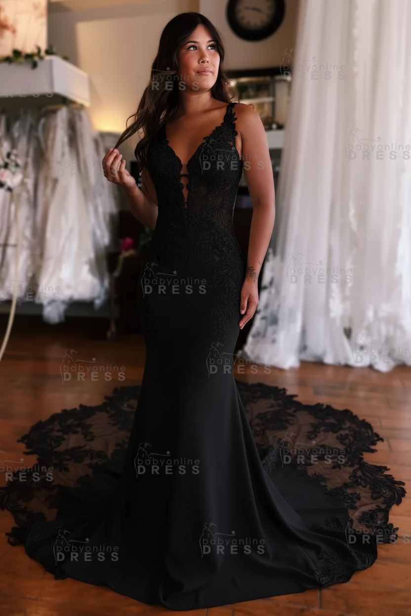 Lace Sleeveless Straps Mermaid Wedding Dress with Train