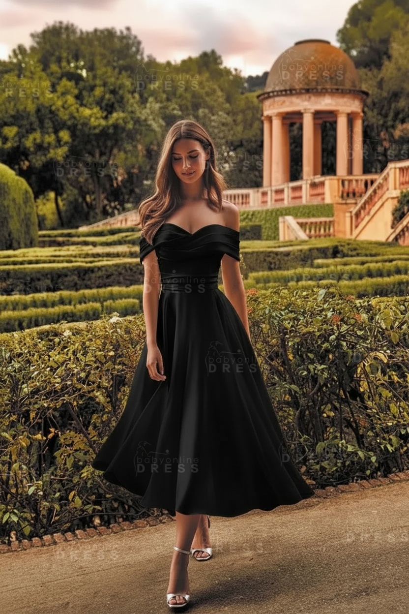 Off-the-Shoulder Tulle Tea Length Aline Wedding Dress Vintage Bridal Dress