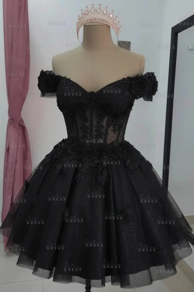 Black Sparkly Off Shoulder Tulle Homecoming Dresses Short