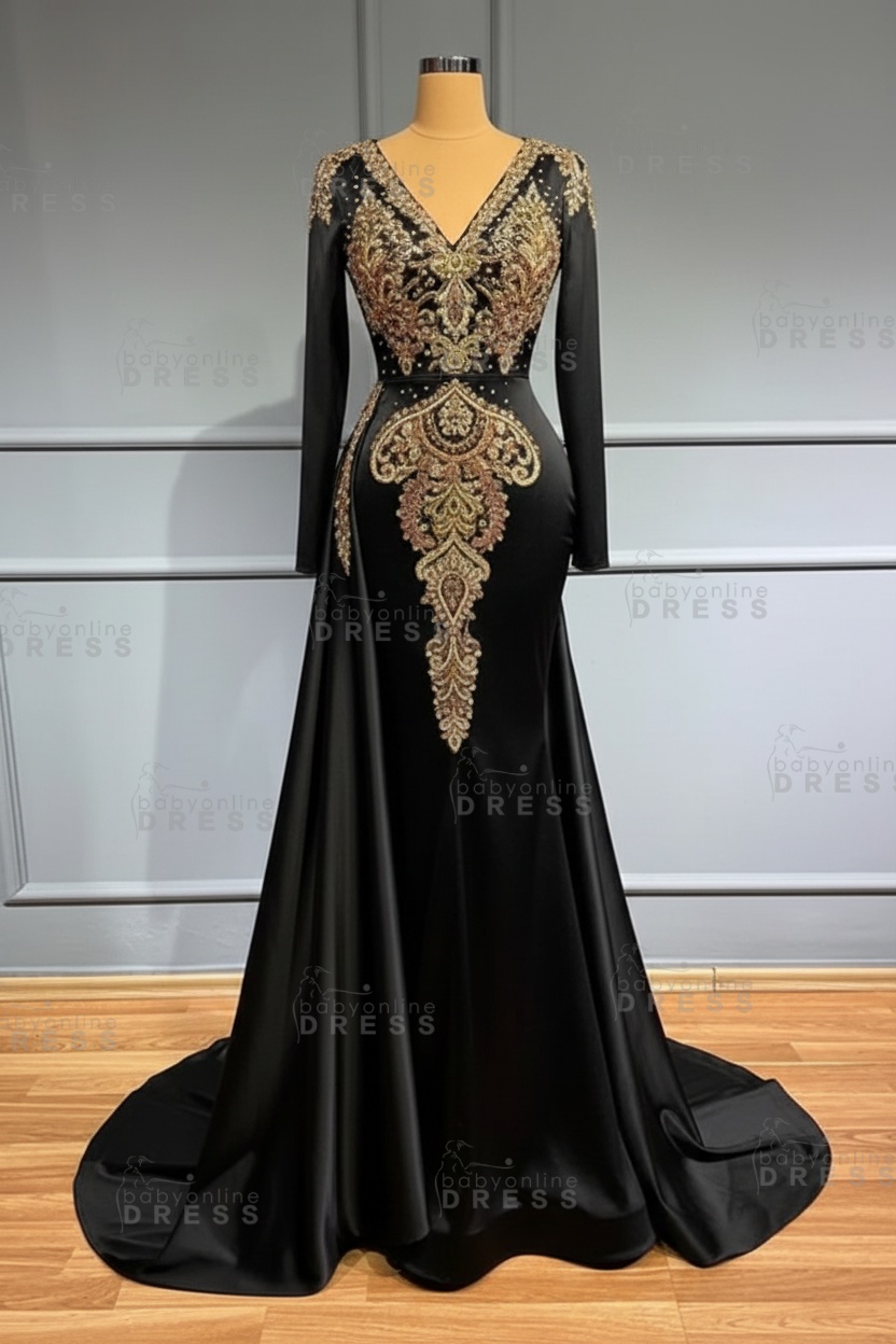 Glamorous V-Neck Long Sleeves Mermaid Prom Dress with Crystals