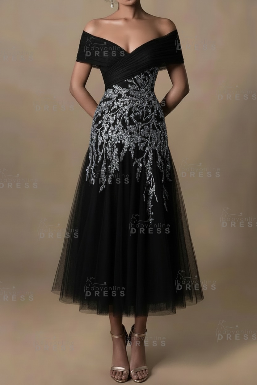 Champagne V-Neck A-Line Tea Length Prom Dress Tulle Mother of the Bride Dress
