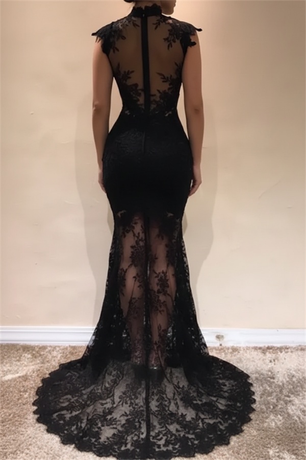 Sleeveless Front Split Evening Dresses | Black High Neck Lace Sexy Prom Dresses