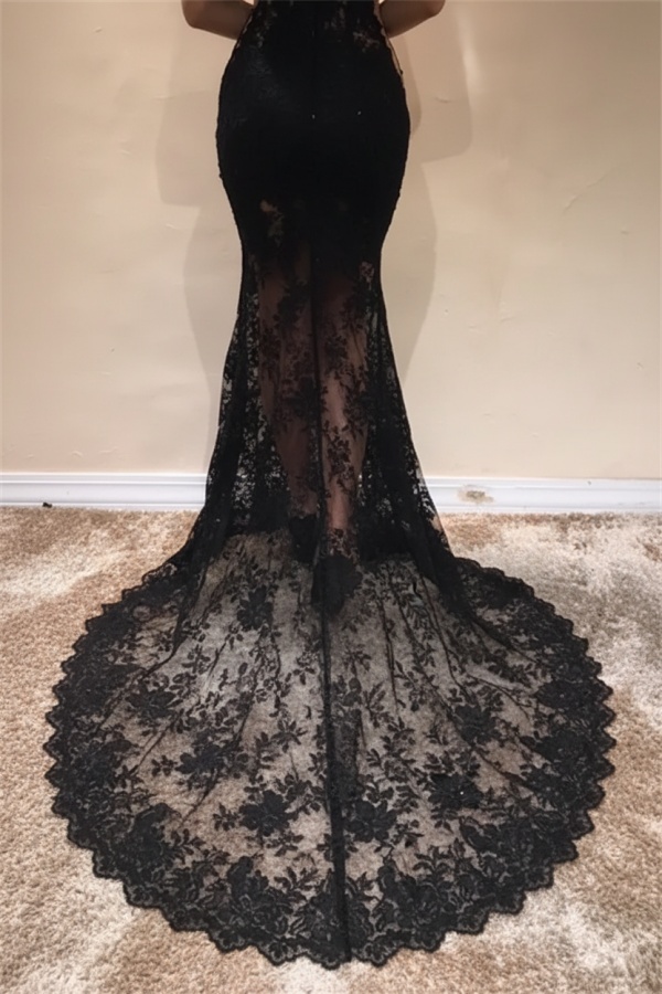 Sleeveless Front Split Evening Dresses | Black High Neck Lace Sexy Prom Dresses