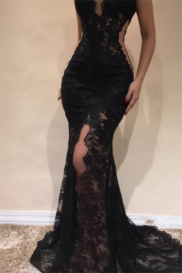 Sleeveless Front Split Evening Dresses | Black High Neck Lace Sexy Prom Dresses