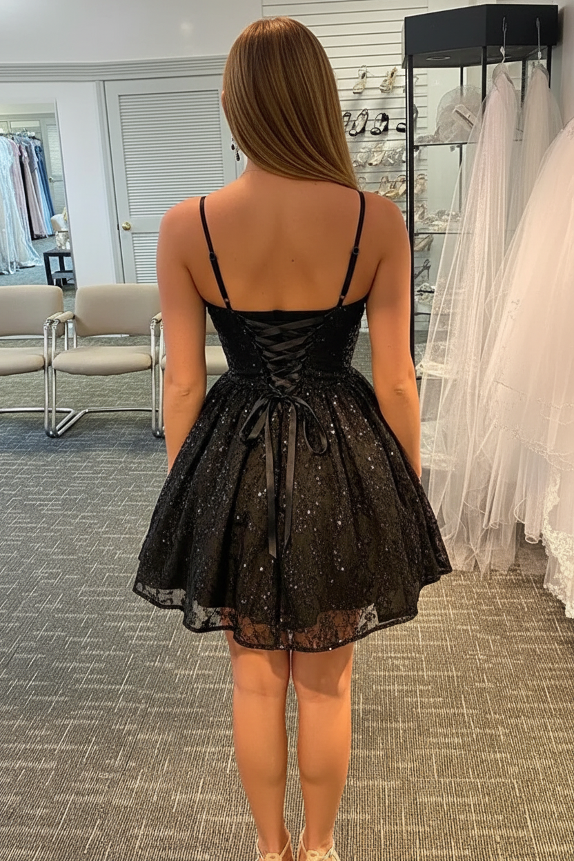 Glitter Black Lace Sequins Homecoming Dress