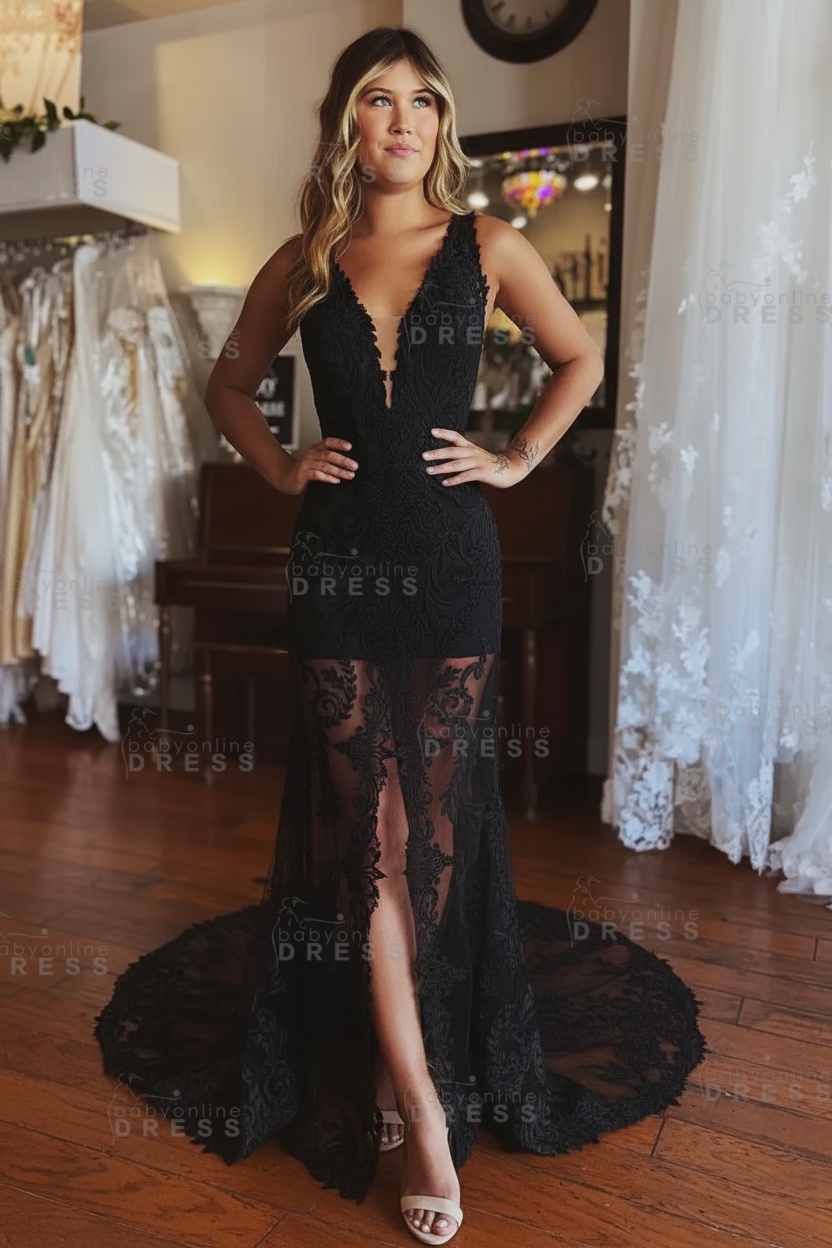 Stylish Floral Lace Mermaid Wedding Dress Deep V-Neck Front Slit Bridal Dress