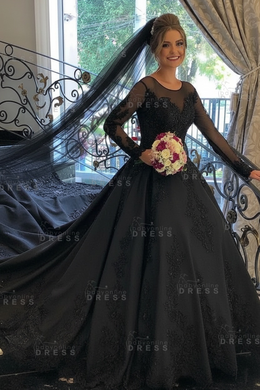 Stylish Ball Gown White Long Sleeves A-Line Wedding Dress with Appliques