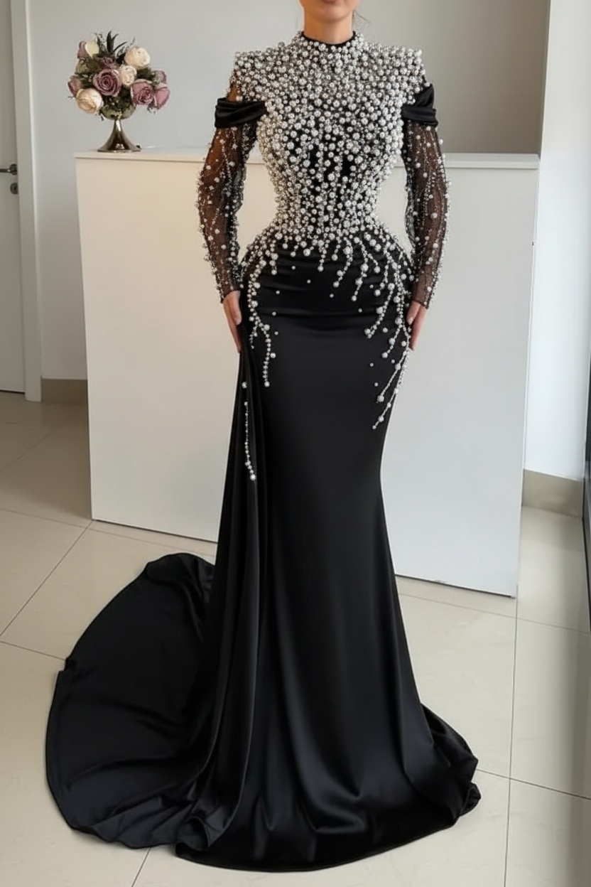 Unique High Neck Beading Long Sleeve Mermaid Prom Dresses
