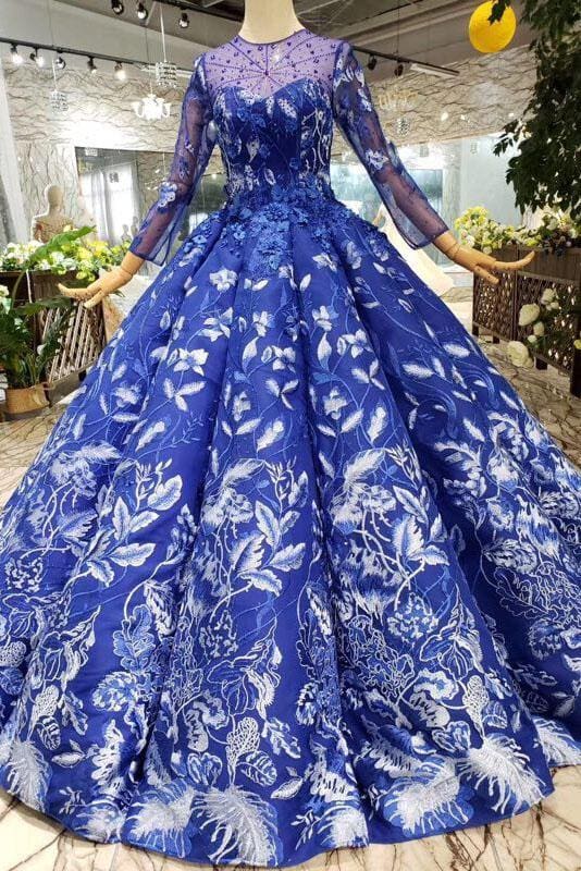 Fascinating Precious Glorious Blue Ball Gown Floral Prom with Sleeves Appliqued Long Quinceanera Dress - Prom Dresses
