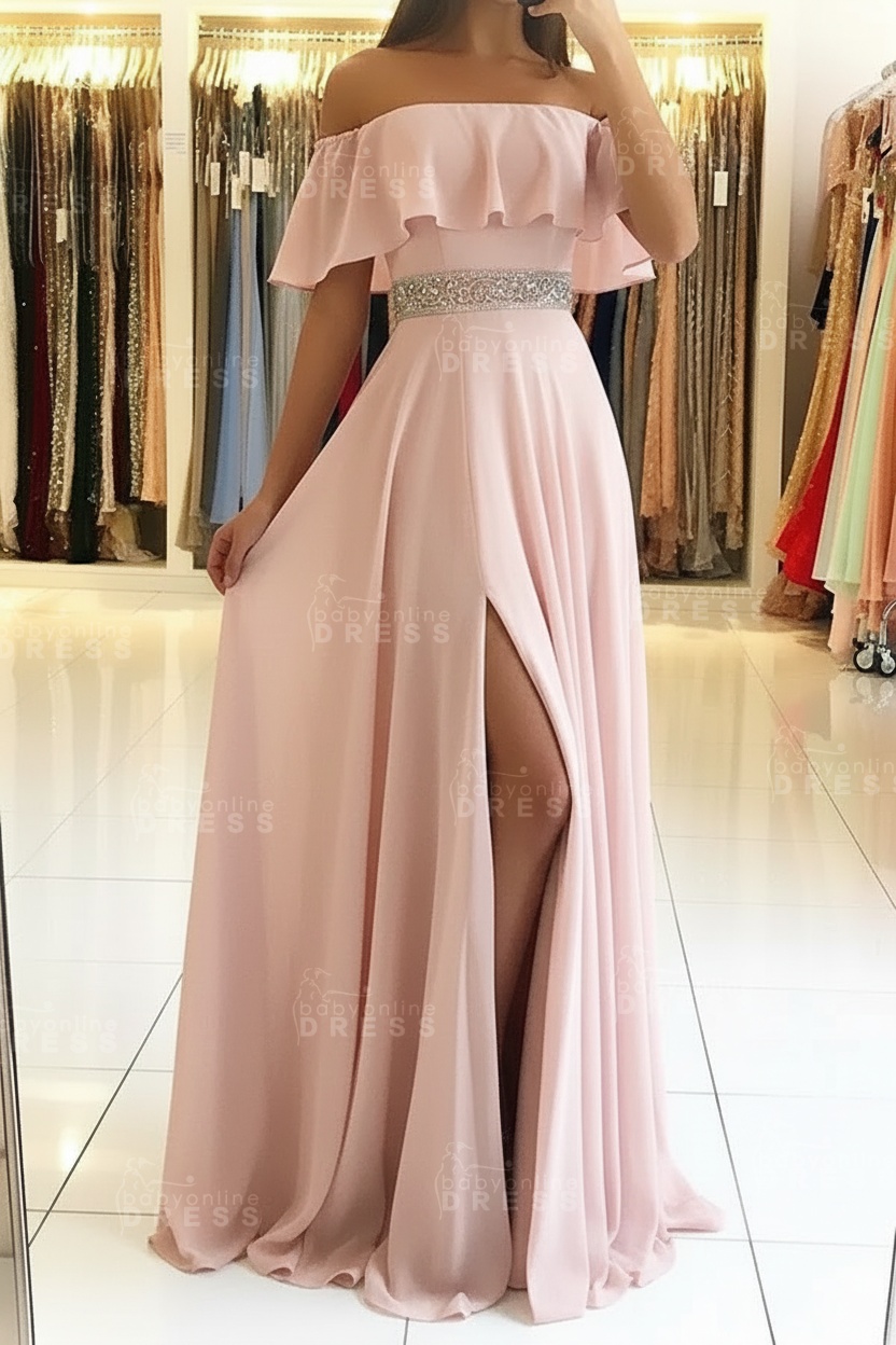 Sky Blue Off The Shoulder Evening Dresses Sexy | Chiffon Side Slit Prom Dress with Crystals Belt