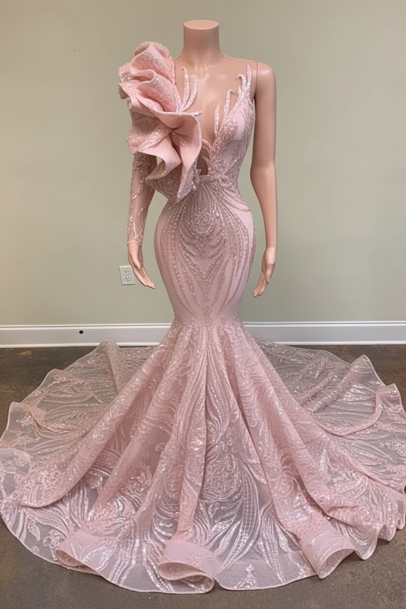 Chic Black Long Sleeve Asymmetrical Floor Length Mermaid Prom Dress