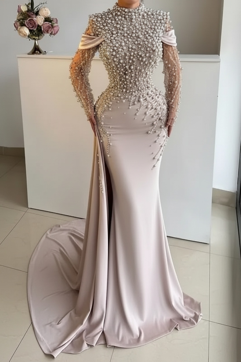 Unique High Neck Beading Long Sleeve Mermaid Prom Dresses