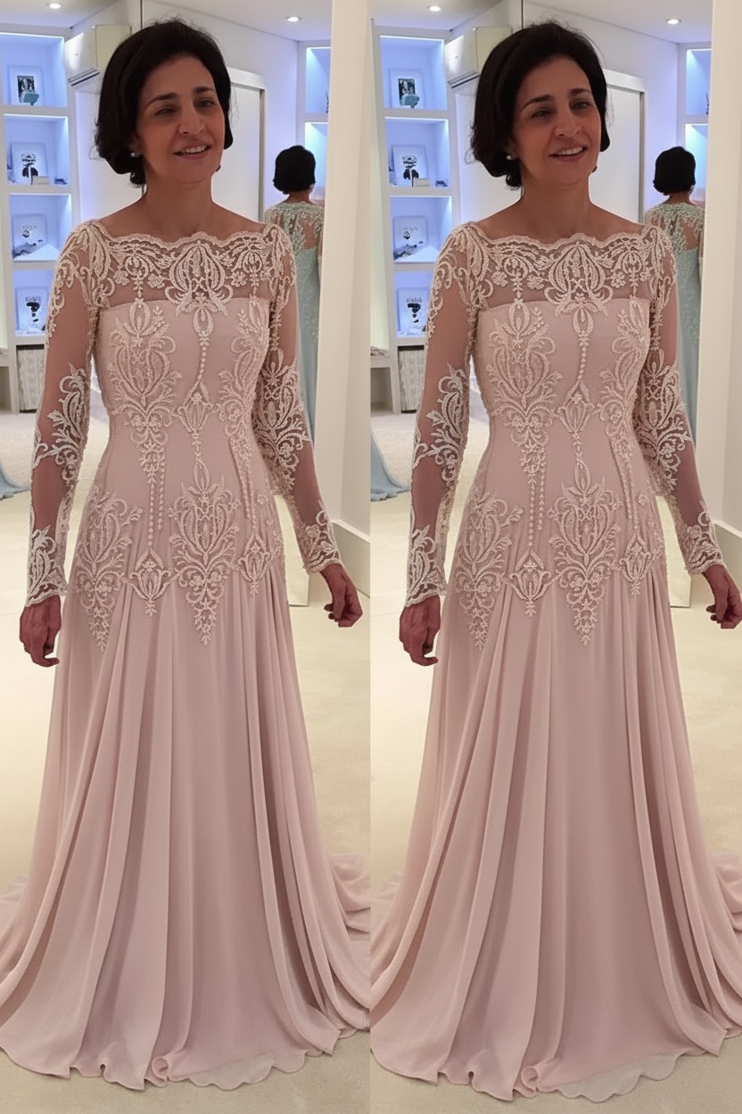Elegant Floor-Length Lace Long-Sleeves A-line Mother of the Bride Dress 