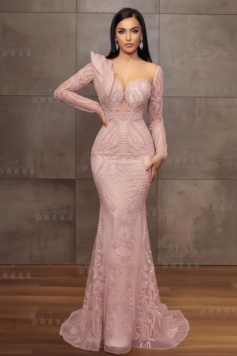 Stunning Burgundy Beadings Long Sleeves Mermaid Prom Dress