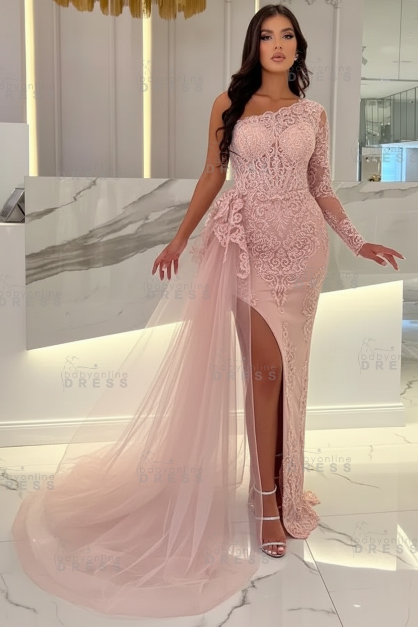Sexy Sky blue One-shoulder Mermaid Prom Dress Tulle with High split