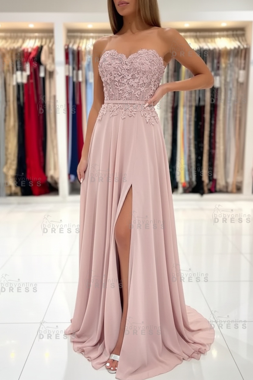 Sweetheart Strapless A-Line Chiffon Floor Length High Split Prom Dress