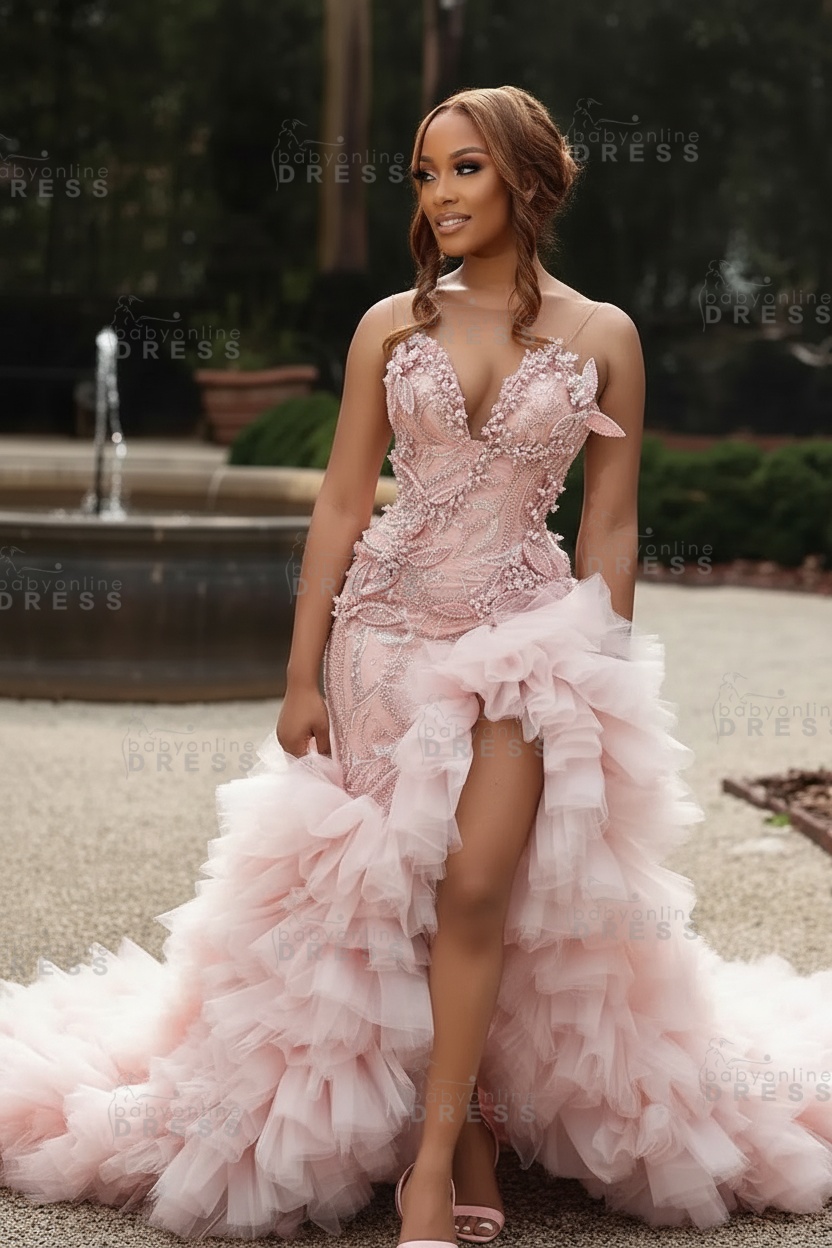 Gorgeous Pink Sweetheart Beadings Sleeveless Mermaid Prom Dress with Ruffles