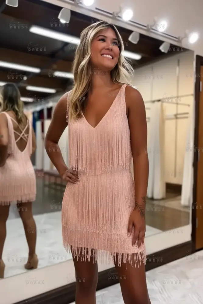 White V-Neck Backless Short Homecoming Dress with Tassels