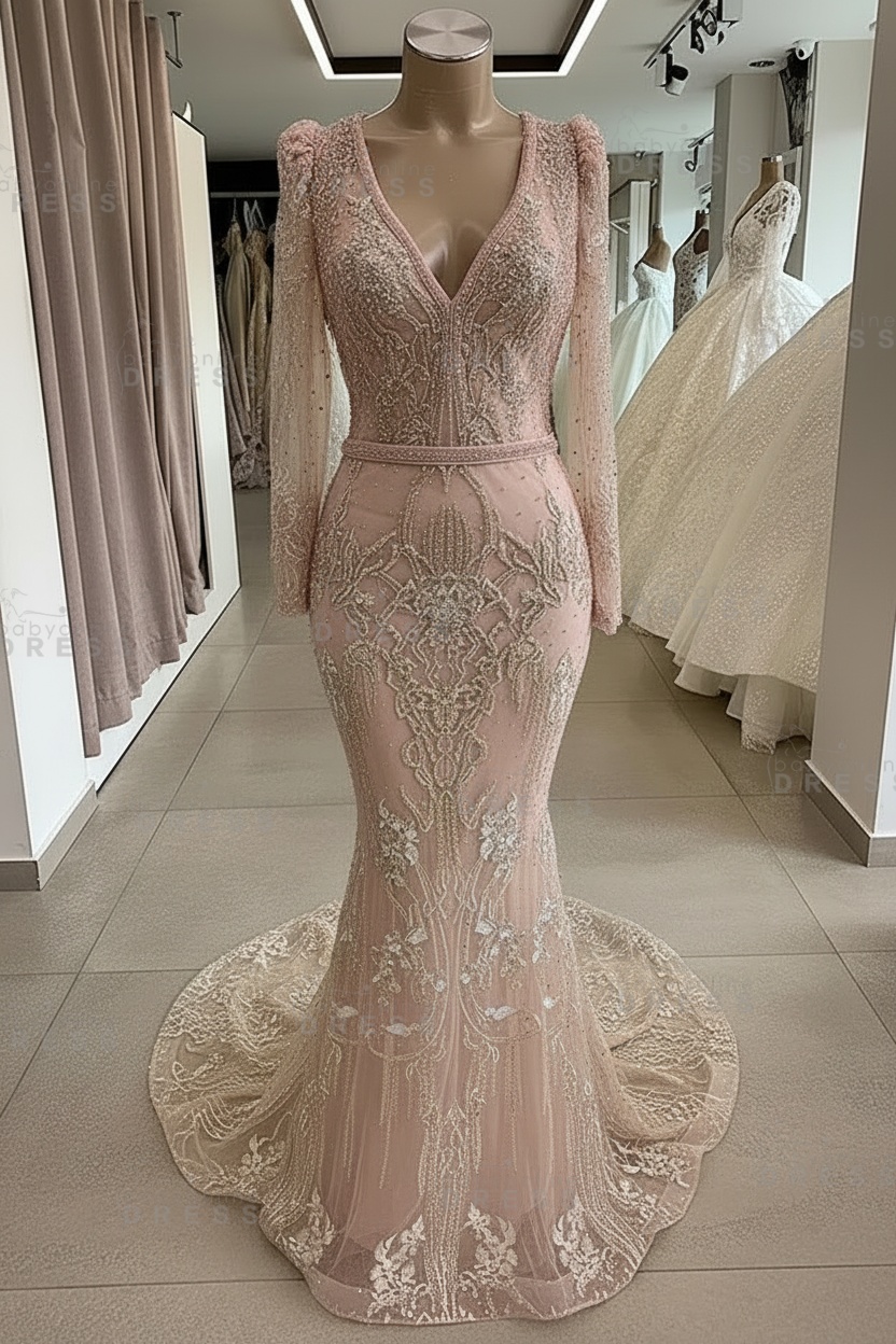Gorgeous Mermaid Lace Beading V Neck Long Sleeves Prom Dresses | Evening Gowns With Beading Waistband