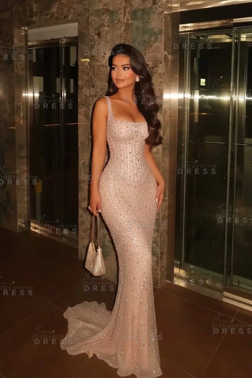 Glitter Spaghetti Straps Sequins Mermaid Prom Dress Floor Length