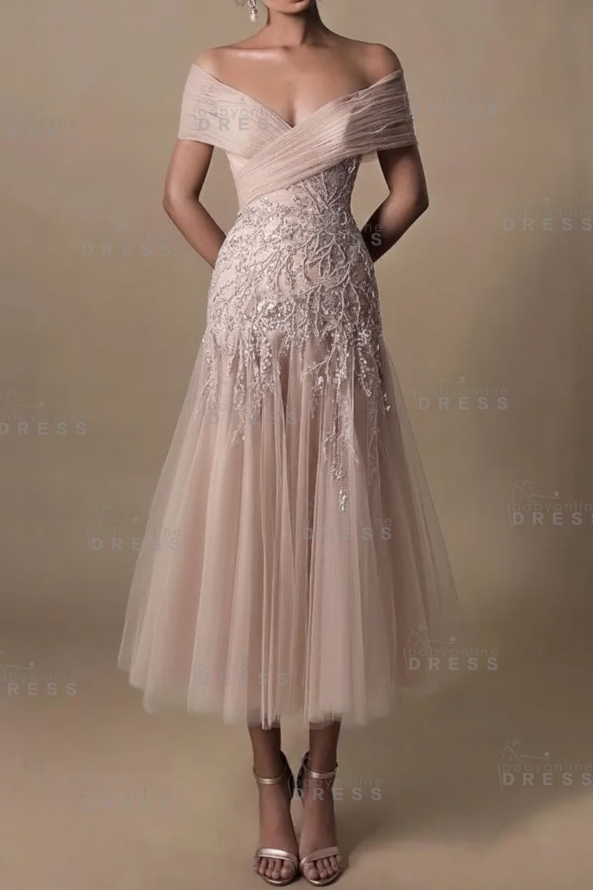 Champagne V-Neck A-Line Tea Length Prom Dress Tulle Mother of the Bride Dress