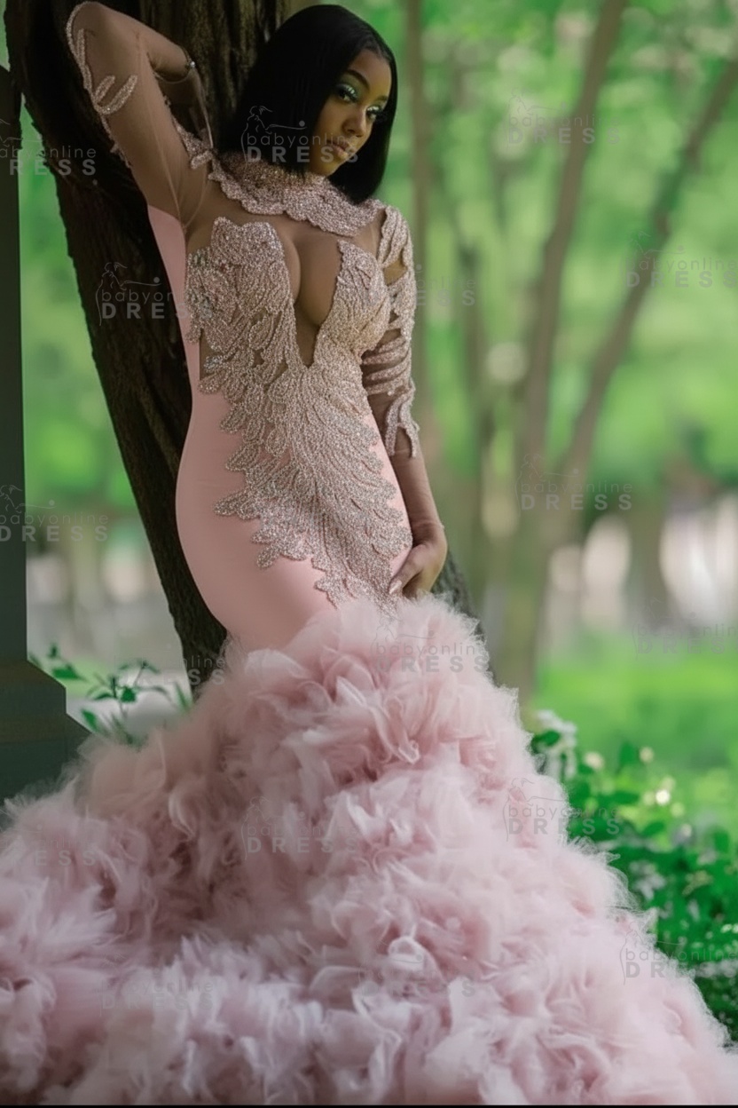Glamorous Slim Mermaid Evening Gowns with sleeves Beadings Prom Dress