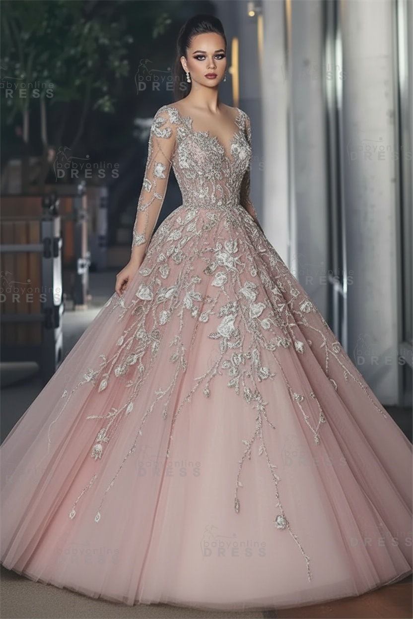 Stunning Illusion Long Sleeve Sexy Evening Gowns | A-line Lace Appliques Tulle Prom Dress