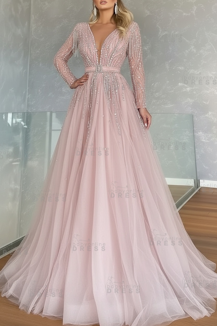 Long Sleeves V-neck Ball Gown A-line Prom Dress with Beadings