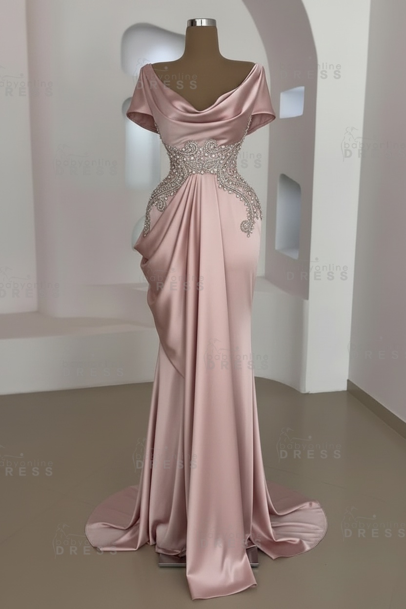 Short sleeves Mermaid Round neck Gray Prom Dresses