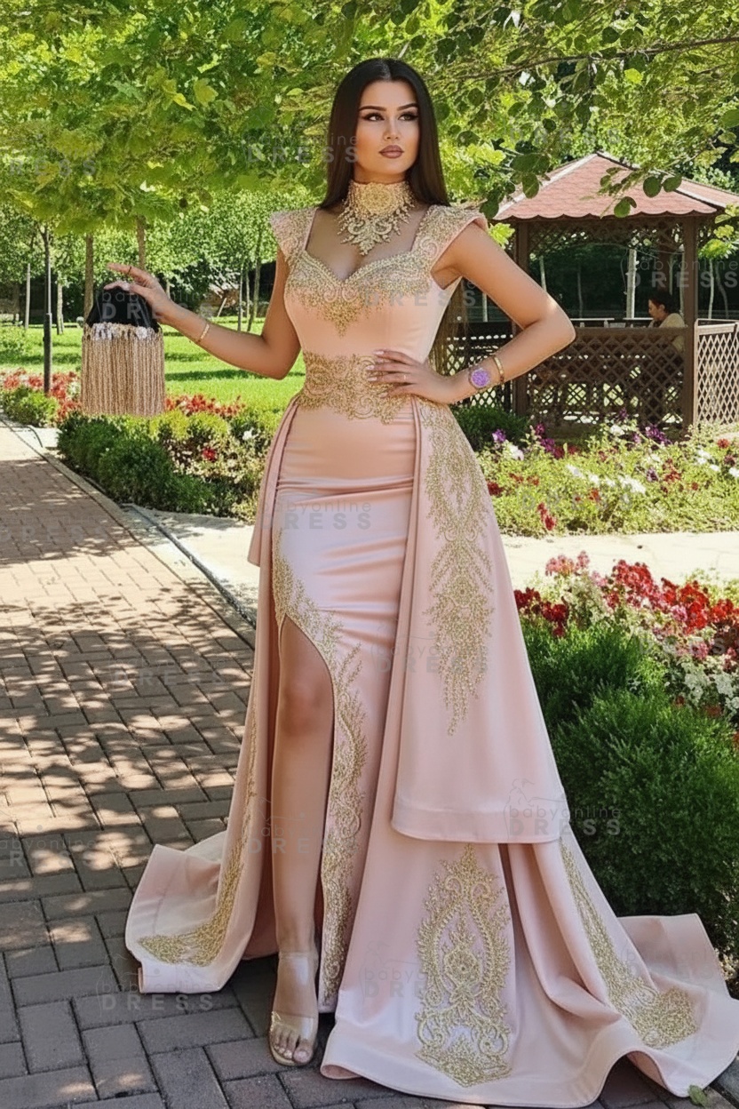 Dark Green Velvet Mermaid Evening Dress with Gold Lace appliques