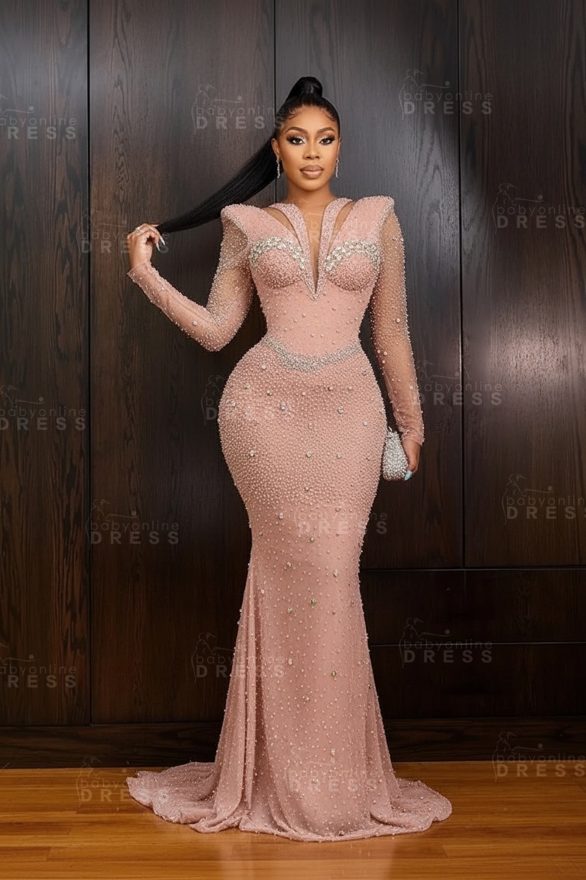 Green V-Neck Beadings Long Sleeves Floor-Length Mermaid Prom Dress