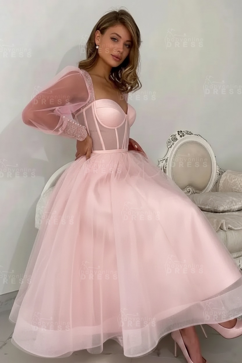 Long sleeves Pink See through Tulle Homecoming Dresses Aline