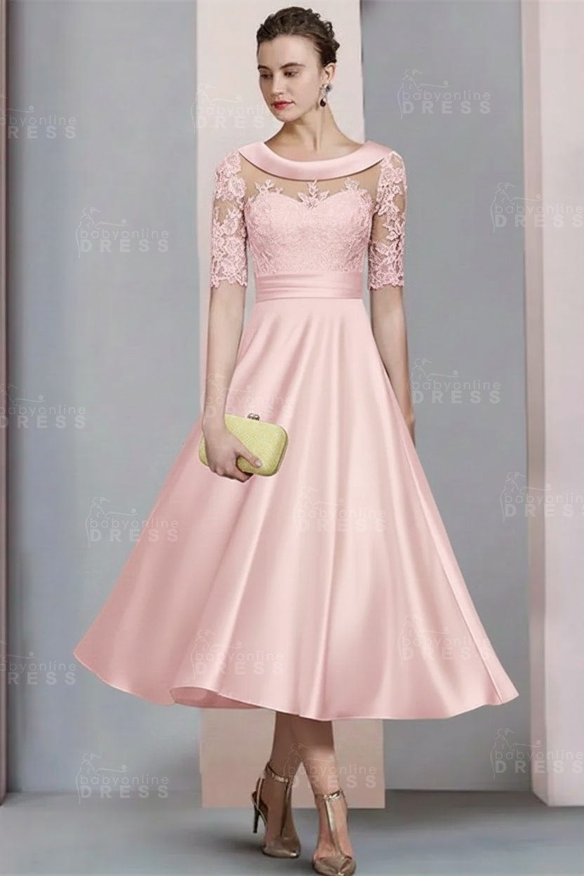 Elegant Ivory Jewel Lace Beading A-Line Tea Length Satin Wedding Guest Dress Formal Mother Dress