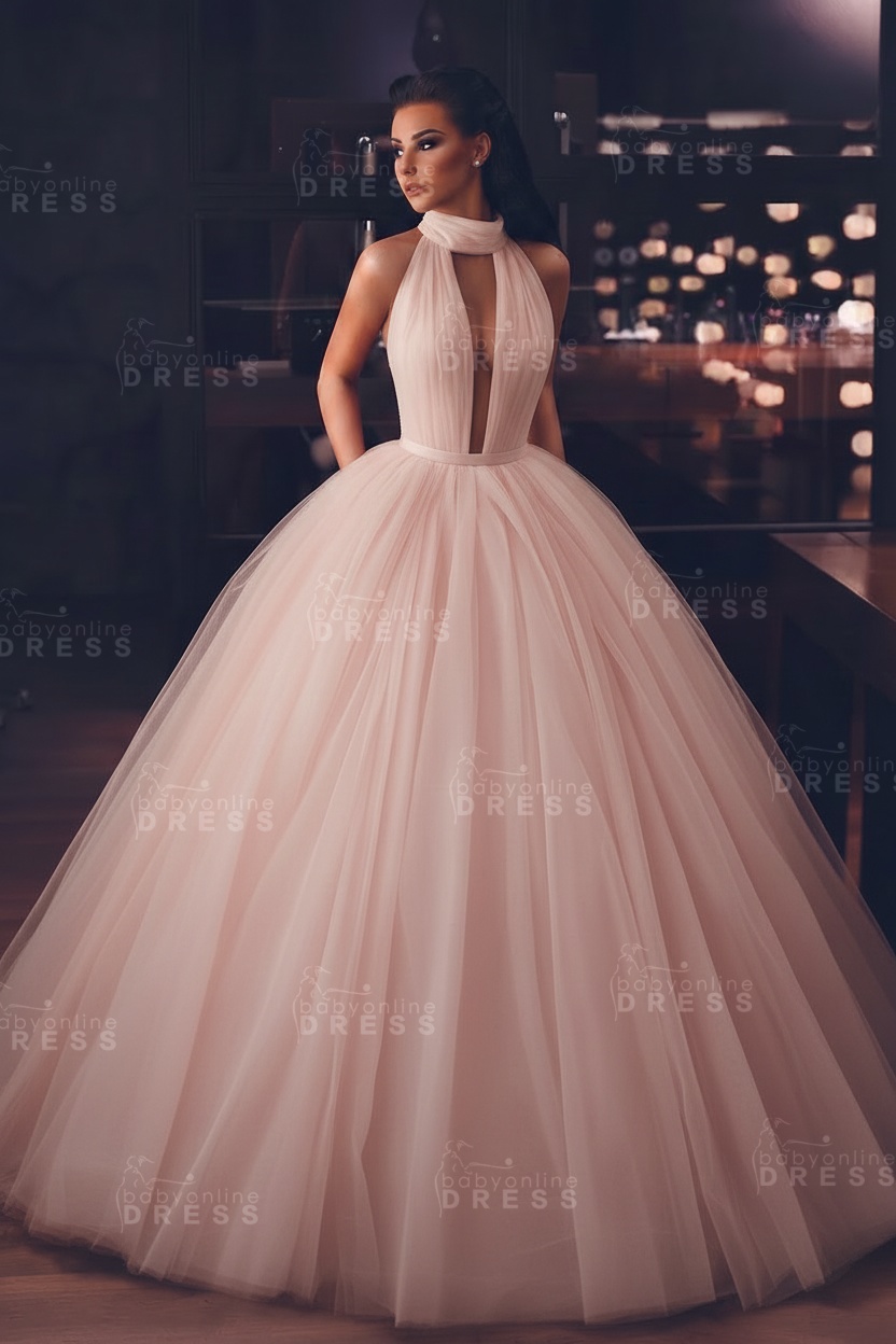 Sexy High-Neck Sleeveless Ball Gown Evening Dress with Pockets